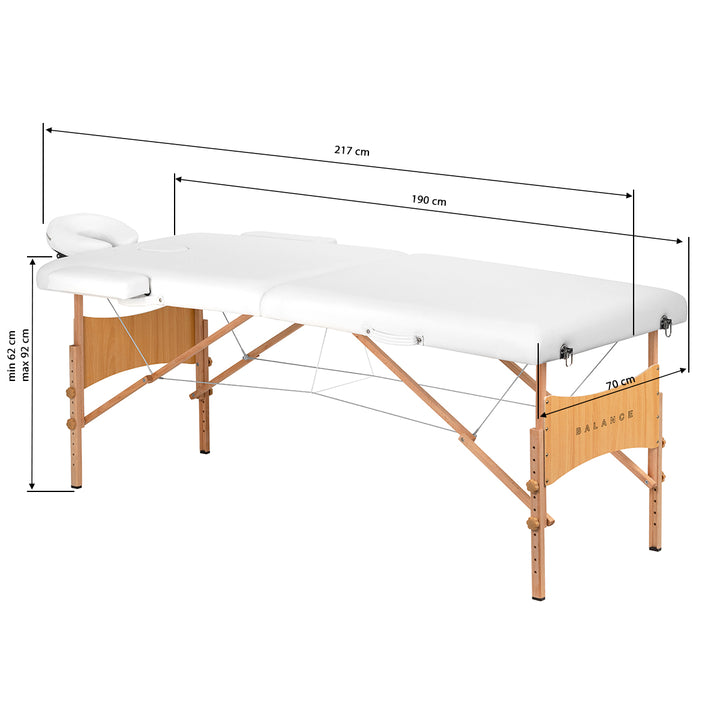 Lettino da massaggio pieghevole in legno di faggio Balance Lux 2 zone bianco